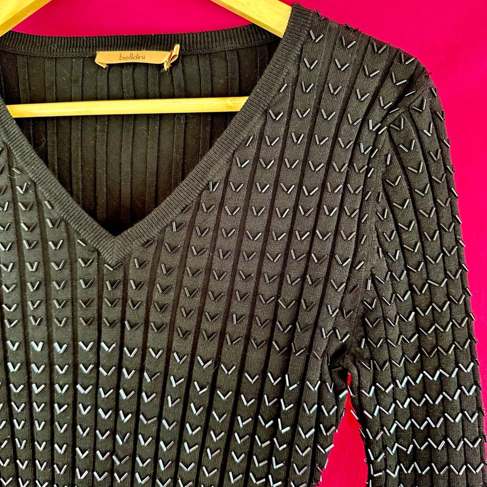 Black Beaded Ribbed Knit Long Sleeve Sweater Glam Party Belldini Small - Picture 15 of 17